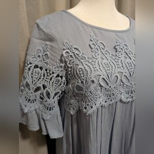 Blue Knee-length Jodifl Dress With Embroidery Crochet Accent. Short Sleeve. Smal